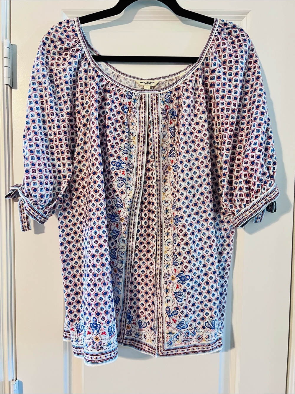 Patterned Blouse with Tie Sleeves